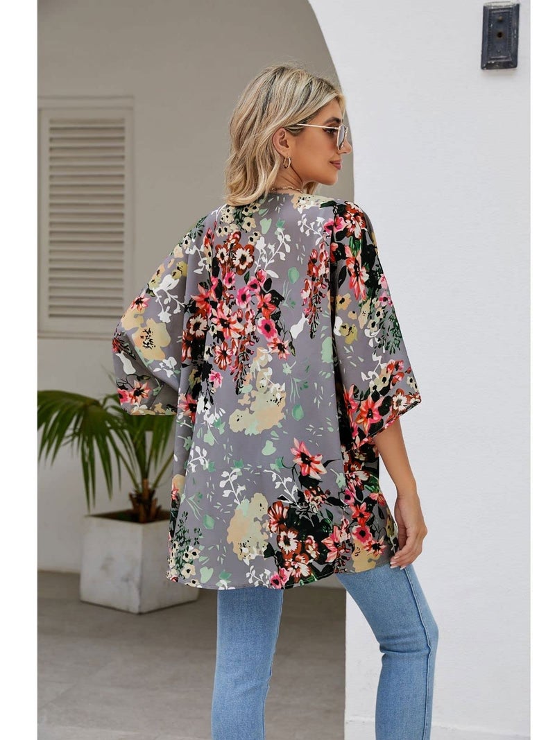 BB&KK Women's Summer Tops Plus Size 2023 Cute Business Casual Outfits Dressy Kimono Cardigans Chiffon Floral Small Deep Gray - Image 2